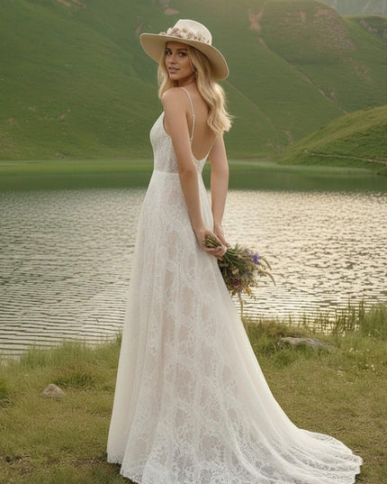 Laces A Line Spaghetti Straps Long Wedding Dresses