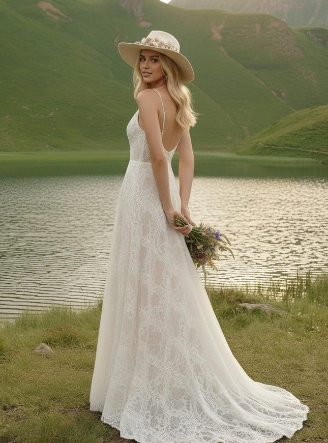 Laces A Line Spaghetti Straps Long Wedding Dresses