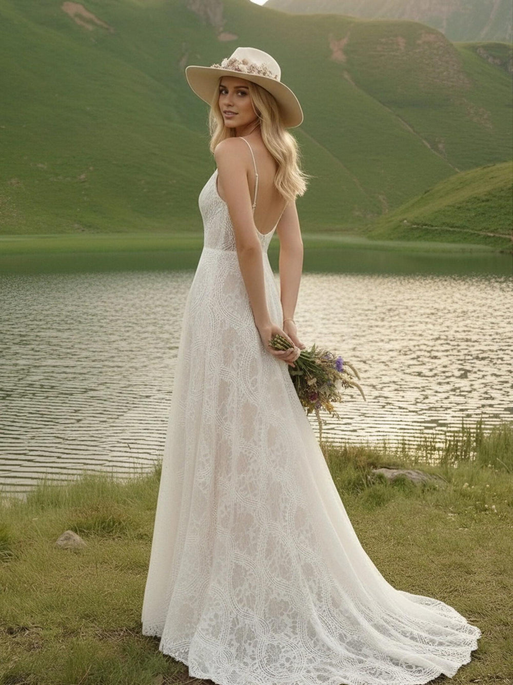 Laces A Line Spaghetti Straps Long Wedding Dresses