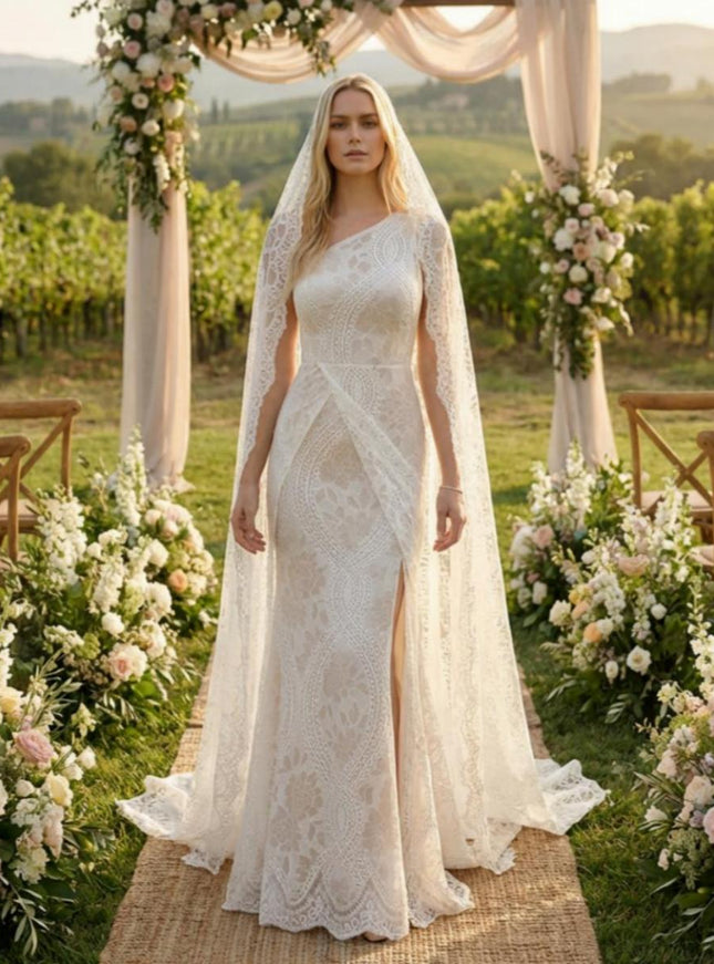 Laces Mermaid One Shoulder Long Wedding Dresses