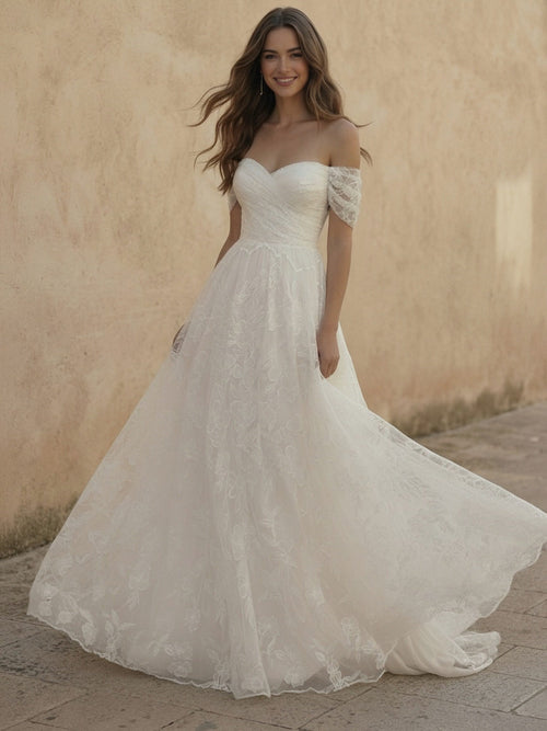 Laces A Line Off the Shoulder Long Wedding Dresses