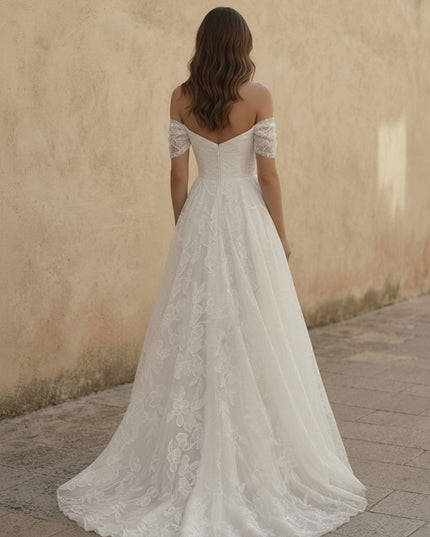 Laces A Line Off the Shoulder Long Wedding Dresses