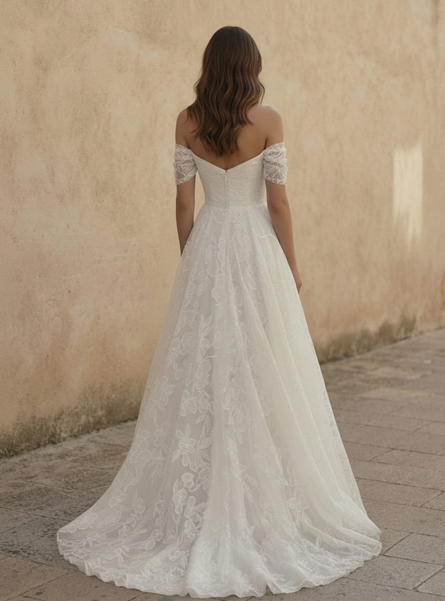 Laces A Line Off the Shoulder Long Wedding Dresses