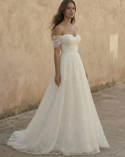 Laces A Line Off the Shoulder Long Wedding Dresses