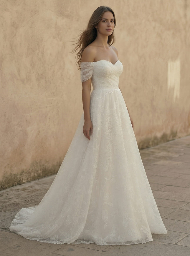 Laces A Line Off the Shoulder Long Wedding Dresses