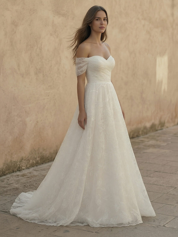 Laces A Line Off the Shoulder Long Wedding Dresses