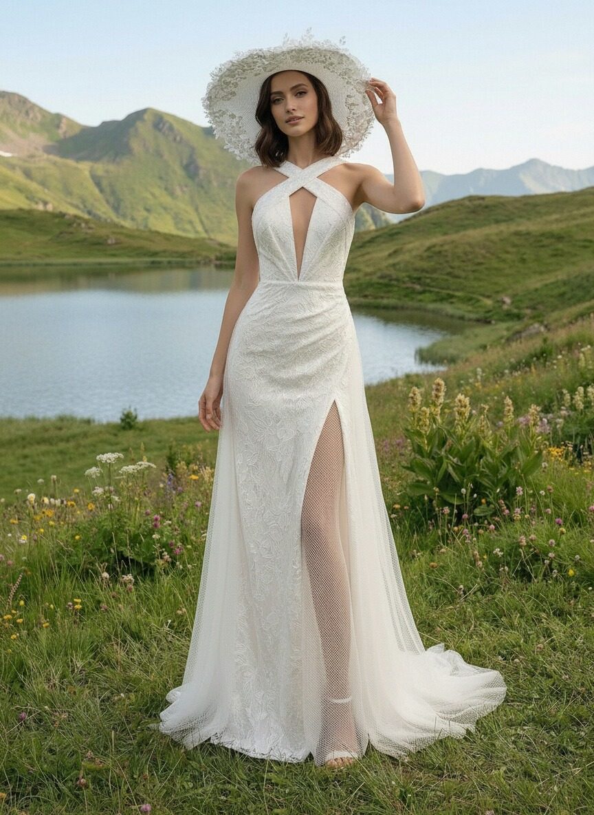 Laces A Line Halter Long Backless Wedding Dresses