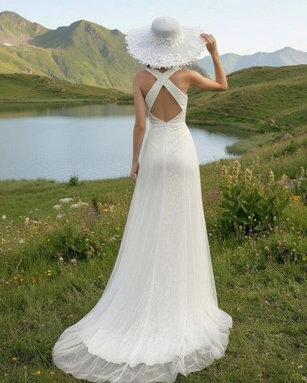 Laces A Line Halter Long Backless Wedding Dresses