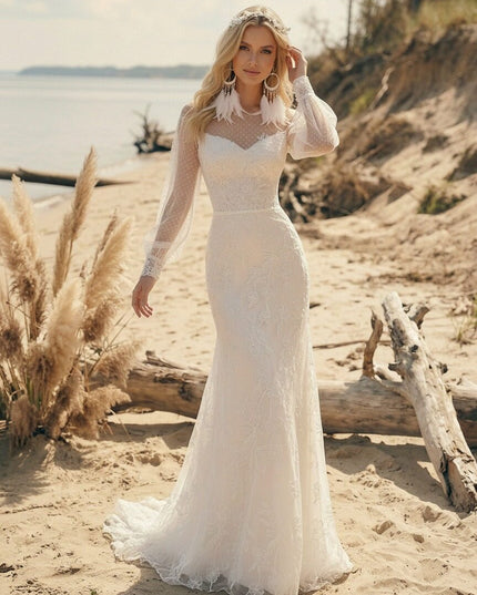 Laces Mermaid Scoop Neck Long Wedding Dresses