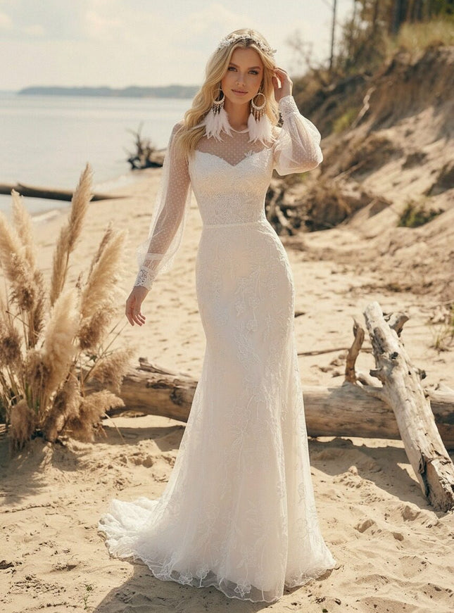 Laces Mermaid Scoop Neck Long Wedding Dresses