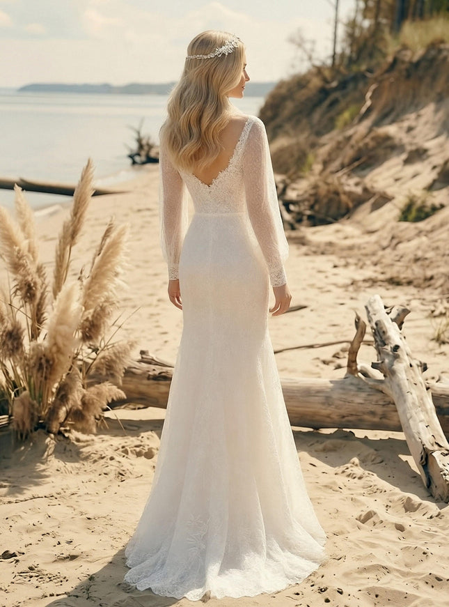 Laces Mermaid Scoop Neck Long Wedding Dresses