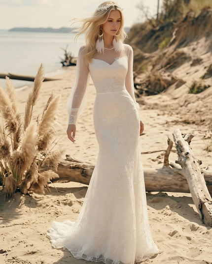 Laces Mermaid Scoop Neck Long Wedding Dresses