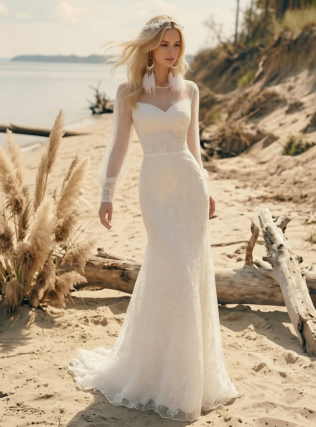 Laces Mermaid Scoop Neck Long Wedding Dresses