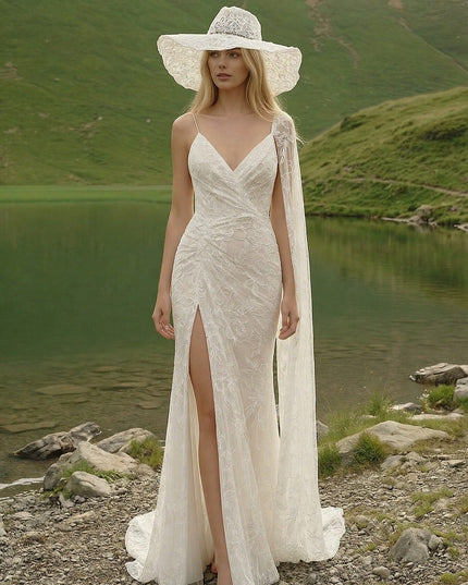 Laces Mermaid V Neck Long Wedding Dresses