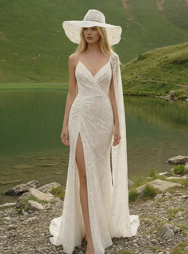 Laces Mermaid V Neck Long Wedding Dresses