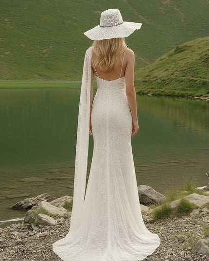 Laces Mermaid V Neck Long Wedding Dresses