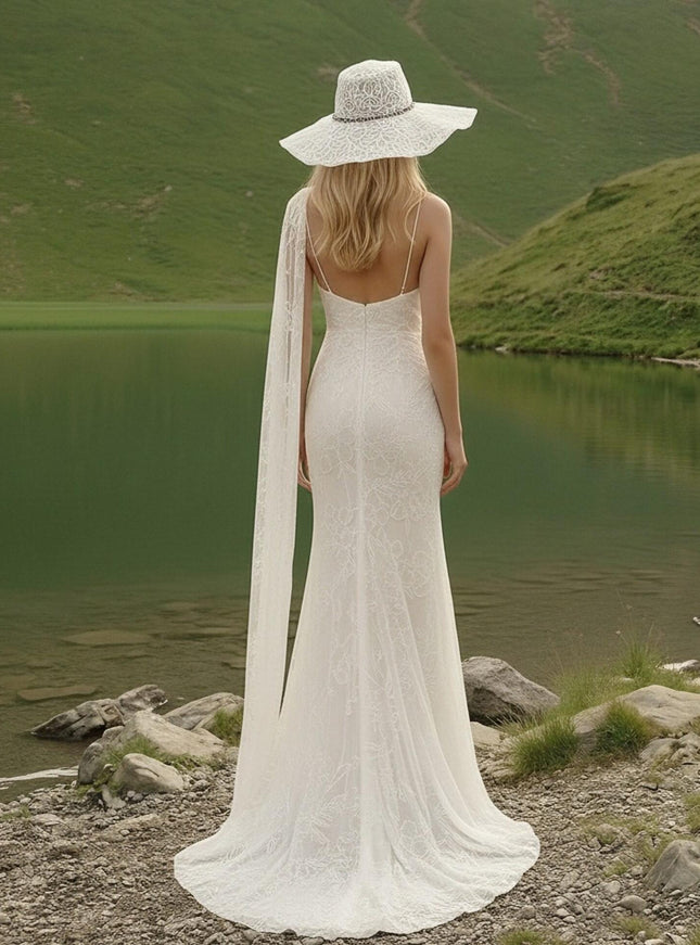 Laces Mermaid V Neck Long Wedding Dresses