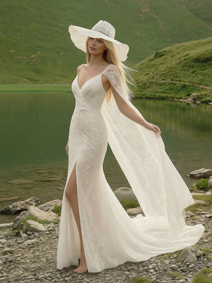 Laces Mermaid V Neck Long Wedding Dresses