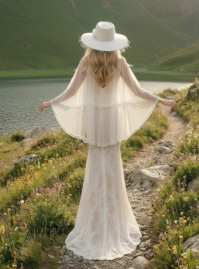 Laces Mermaid V Neck Long Wedding Dresses