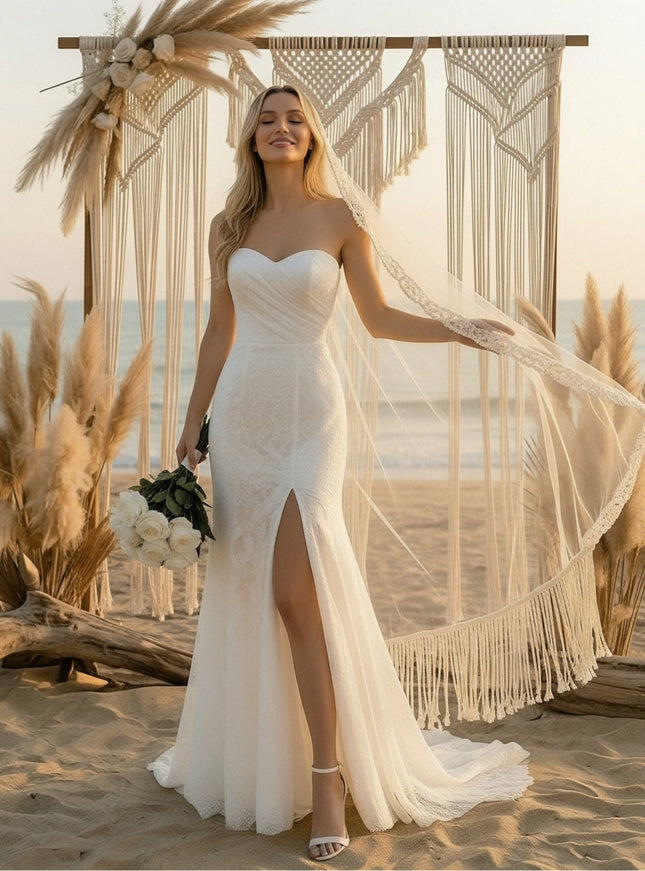Laces Mermaid Strapless Long Wedding Dresses