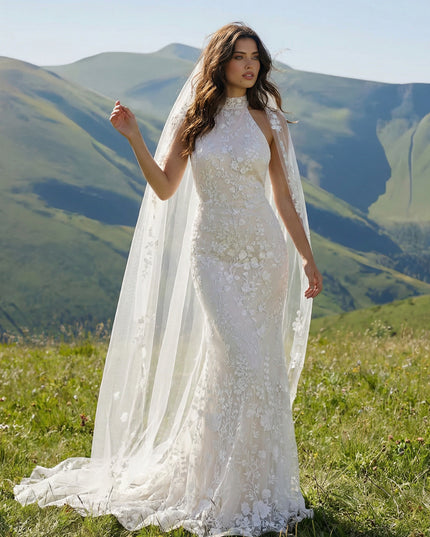 Laces Mermaid Halter Long Wedding Dresses