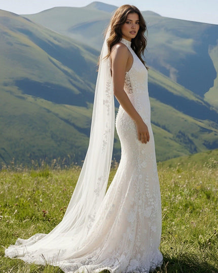 Laces Mermaid Halter Long Wedding Dresses