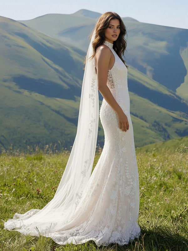 Laces Mermaid Halter Long Wedding Dresses