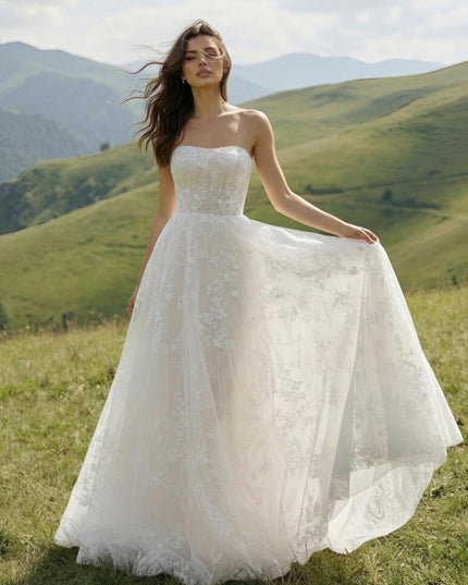 Laces A Line Strapless Long Wedding Dresses