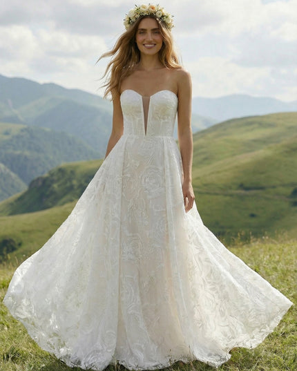Laces A Line Strapless Long Wedding Dresses