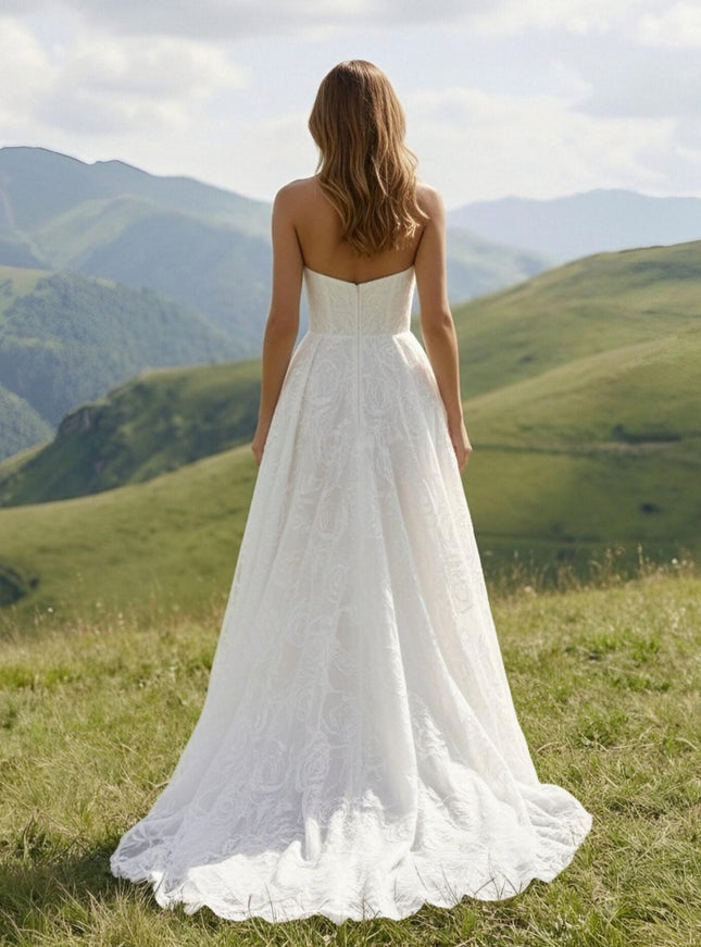 Laces A Line Strapless Long Wedding Dresses