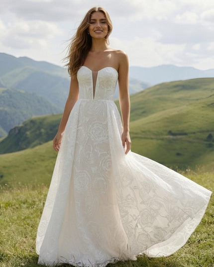 Laces A Line Strapless Long Wedding Dresses