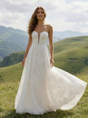 Laces A Line Strapless Long Wedding Dresses