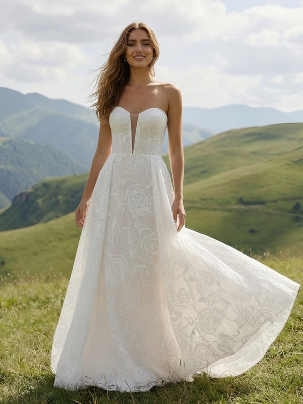 Laces A Line Strapless Long Wedding Dresses