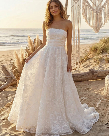 Laces A Line Strapless Long Wedding Dresses