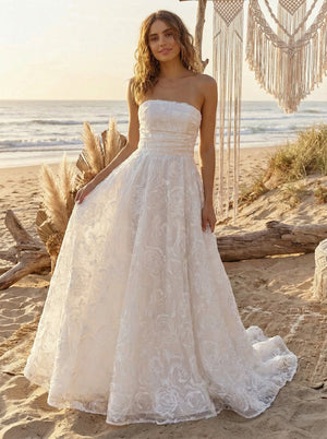 Laces A Line Strapless Long Wedding Dresses