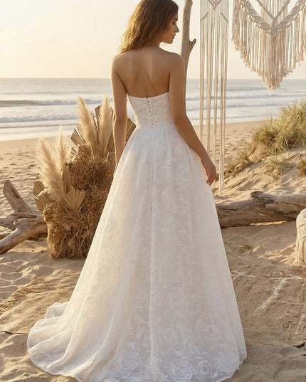 Laces A Line Strapless Long Wedding Dresses