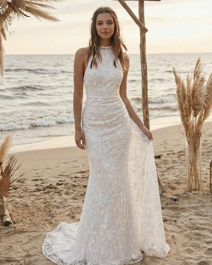 Laces Mermaid Halter Long Wedding Dresses