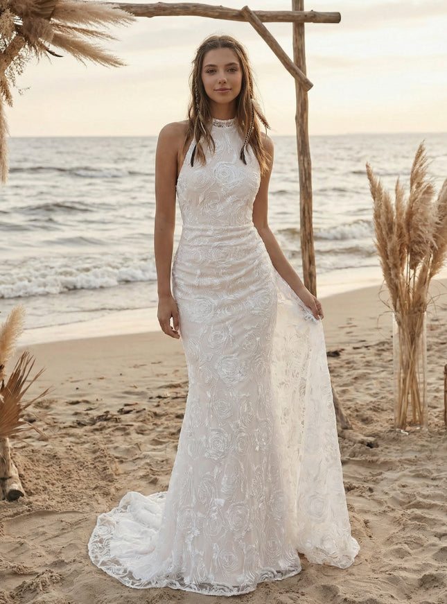 Laces Mermaid Halter Long Wedding Dresses
