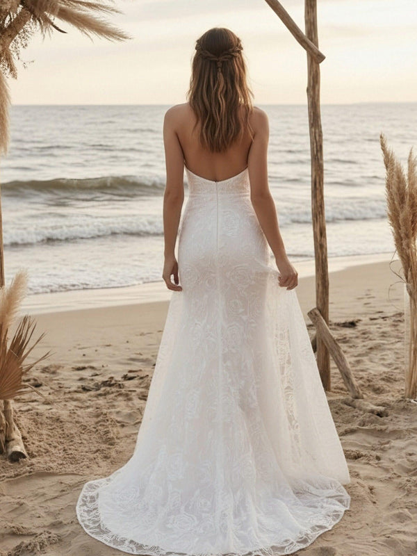 Laces Mermaid Halter Long Wedding Dresses