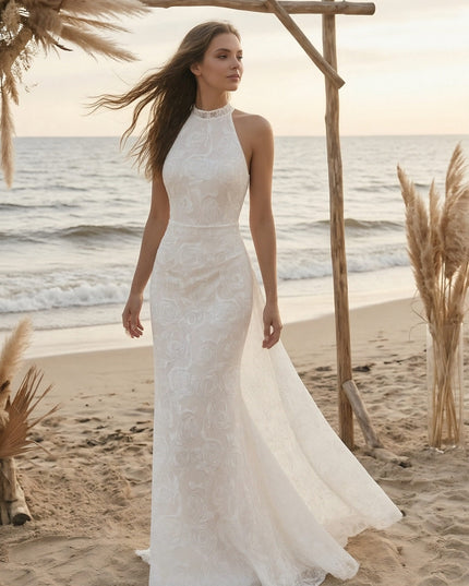 Laces Mermaid Halter Long Wedding Dresses