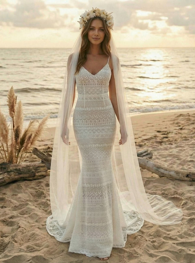 Laces Mermaid Spaghetti Straps Long Wedding Dresses