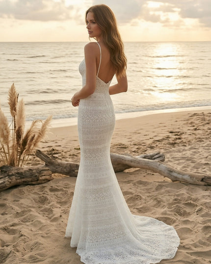Laces Mermaid Spaghetti Straps Long Wedding Dresses