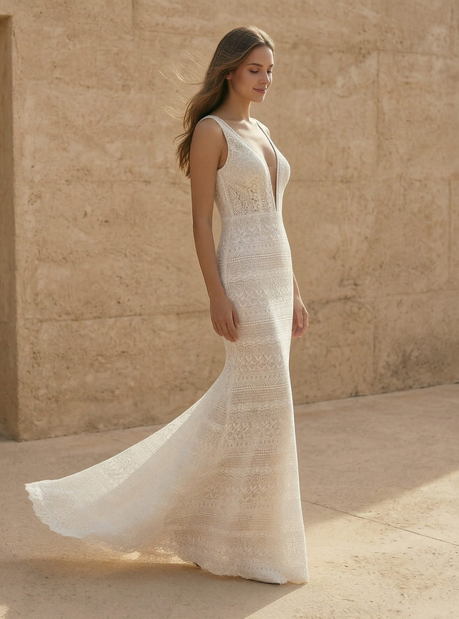 Laces Mermaid V Neck Long Wedding Dresses