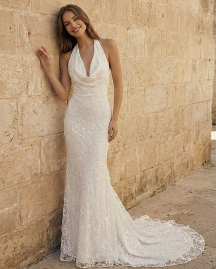 Laces Mermaid Halter Long Wedding Dresses