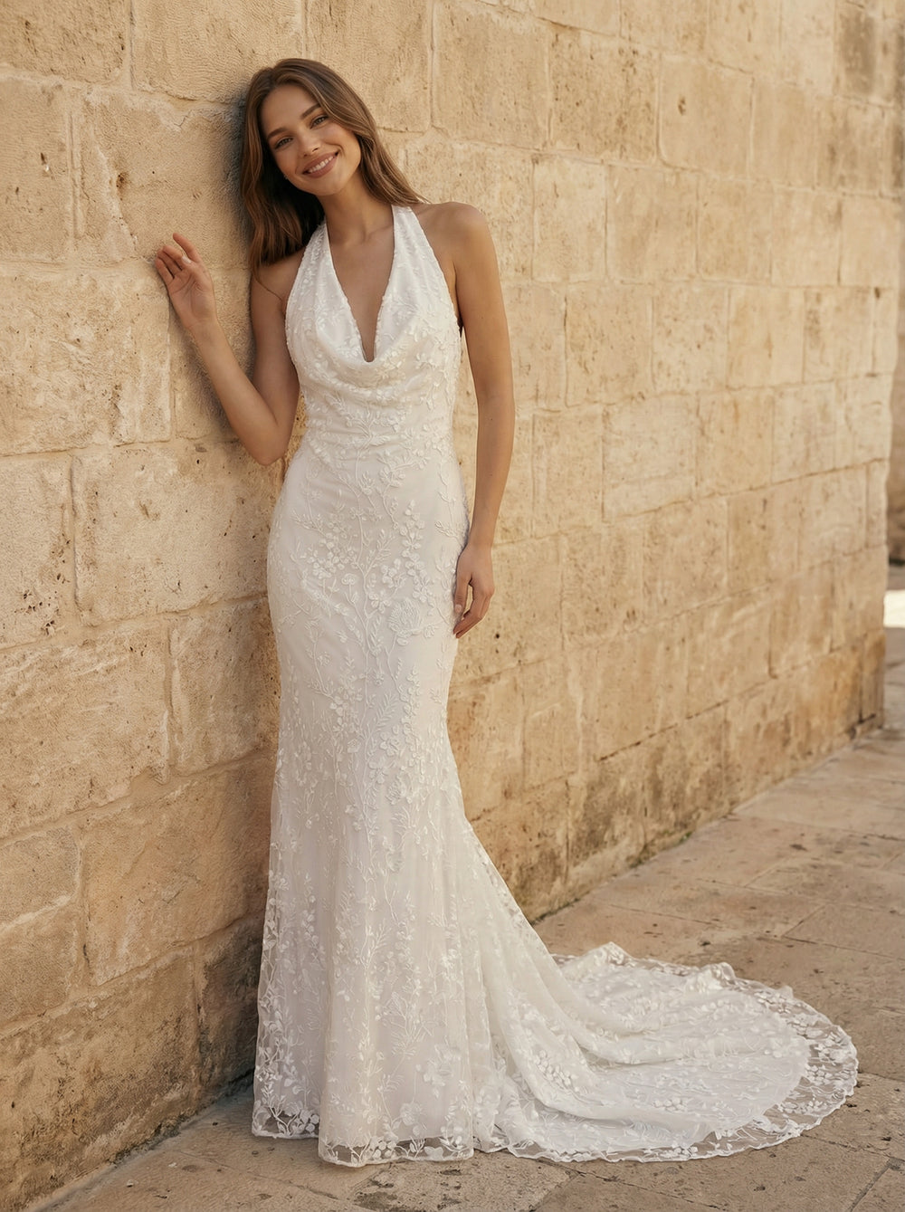 Laces Mermaid Halter Long Wedding Dresses