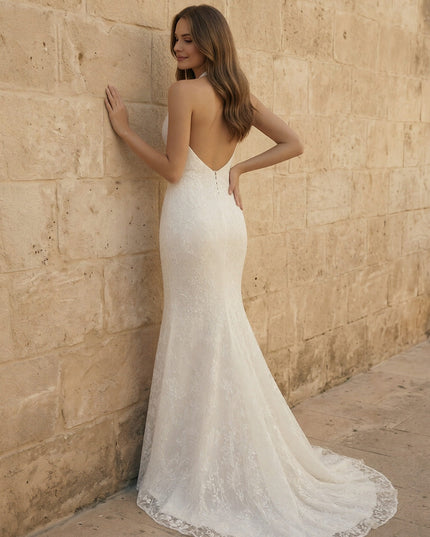 Laces Mermaid Halter Long Wedding Dresses