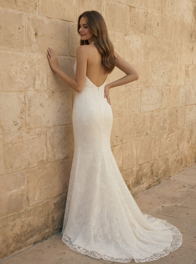 Laces Mermaid Halter Long Wedding Dresses