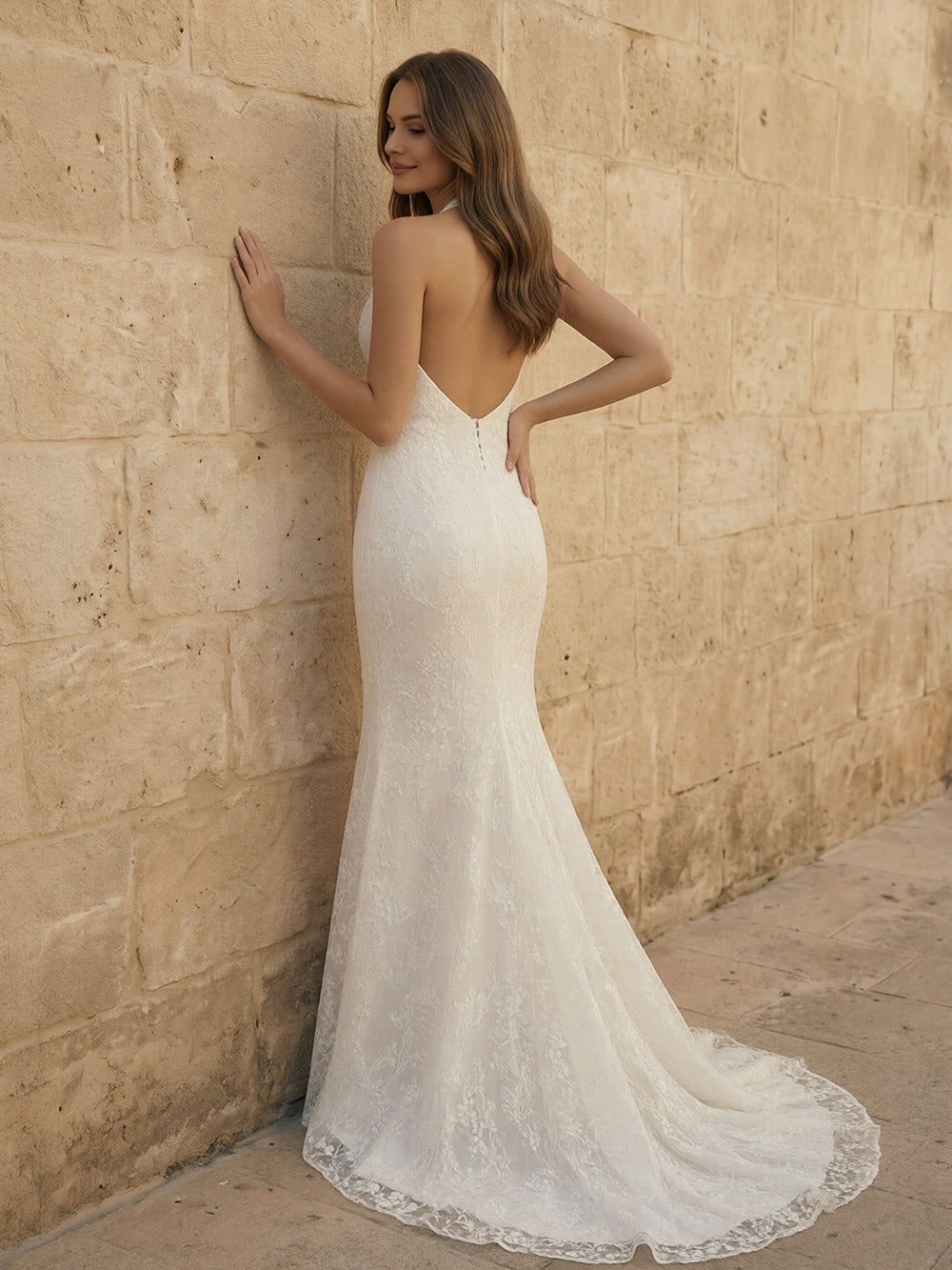 Laces Mermaid Halter Long Wedding Dresses