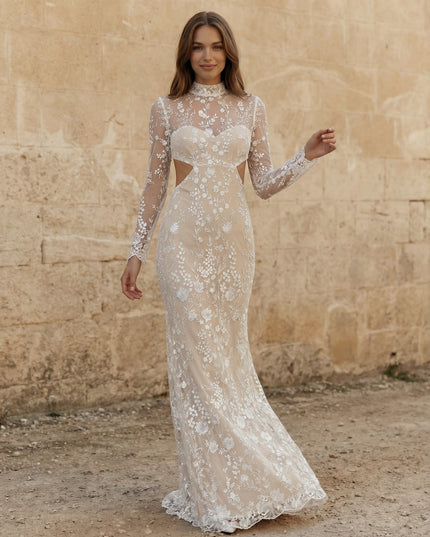 Laces Mermaid High Neck Long Wedding Dresses