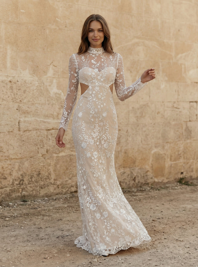 Laces Mermaid High Neck Long Wedding Dresses